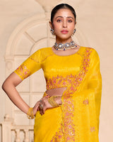 Golden Yellow Designer Fancy Chiffon Saree With Zari-Embroidery-Diamond Work And Cut Work Border