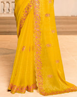 Golden Yellow Designer Fancy Chiffon Saree With Zari-Embroidery-Diamond Work And Cut Work Border