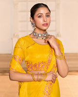 Golden Yellow Designer Fancy Chiffon Saree With Zari-Embroidery-Diamond Work And Cut Work Border