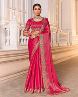 Pinkish Red Designer Fancy Chiffon Saree With Zari-Embroidery-Diamond Work And Cut Work Border