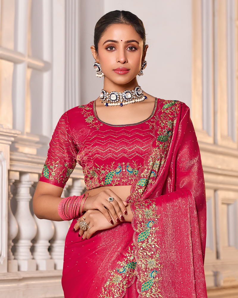 Pinkish Red Designer Fancy Chiffon Saree With Zari-Embroidery-Diamond Work And Cut Work Border