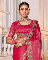 Pinkish Red Designer Fancy Chiffon Saree With Zari-Embroidery-Diamond Work And Cut Work Border