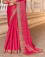 Pinkish Red Designer Fancy Chiffon Saree With Zari-Embroidery-Diamond Work And Cut Work Border