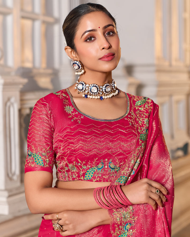 Pinkish Red Designer Fancy Chiffon Saree With Zari-Embroidery-Diamond Work And Cut Work Border