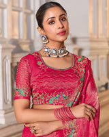 Pinkish Red Designer Fancy Chiffon Saree With Zari-Embroidery-Diamond Work And Cut Work Border