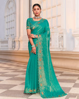 Persian Green Designer Fancy Chiffon Saree With Zari-Embroidery-Diamond Work And Cut Work Border