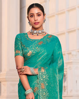 Persian Green Designer Fancy Chiffon Saree With Zari-Embroidery-Diamond Work And Cut Work Border