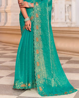 Persian Green Designer Fancy Chiffon Saree With Zari-Embroidery-Diamond Work And Cut Work Border