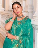Persian Green Designer Fancy Chiffon Saree With Zari-Embroidery-Diamond Work And Cut Work Border