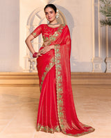 Lava Red Designer Fancy Chiffon Saree With Zari-Embroidery-Diamond Work And Cut Work Border