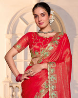 Lava Red Designer Fancy Chiffon Saree With Zari-Embroidery-Diamond Work And Cut Work Border