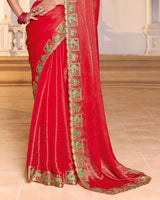 Lava Red Designer Fancy Chiffon Saree With Zari-Embroidery-Diamond Work And Cut Work Border