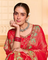 Lava Red Designer Fancy Chiffon Saree With Zari-Embroidery-Diamond Work And Cut Work Border