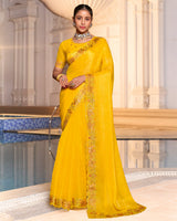 Bright Yellow Designer Fancy Chiffon Saree With Zari-Embroidery-Diamond Work And Cut Work Border