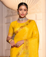 Bright Yellow Designer Fancy Chiffon Saree With Zari-Embroidery-Diamond Work And Cut Work Border