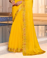 Bright Yellow Designer Fancy Chiffon Saree With Zari-Embroidery-Diamond Work And Cut Work Border