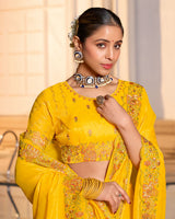 Bright Yellow Designer Fancy Chiffon Saree With Zari-Embroidery-Diamond Work And Cut Work Border