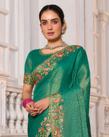 Pine Green Designer Fancy Chiffon Saree With Zari-Embroidery-Diamond Work And Cut Work Border