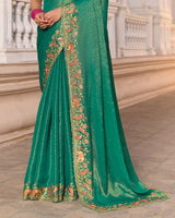 Pine Green Designer Fancy Chiffon Saree With Zari-Embroidery-Diamond Work And Cut Work Border