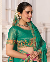 Pine Green Designer Fancy Chiffon Saree With Zari-Embroidery-Diamond Work And Cut Work Border