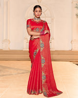 Cadmium Red Designer Fancy Chiffon Saree With Zari-Embroidery-Diamond Work And Cut Work Border