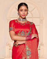 Cadmium Red Designer Fancy Chiffon Saree With Zari-Embroidery-Diamond Work And Cut Work Border