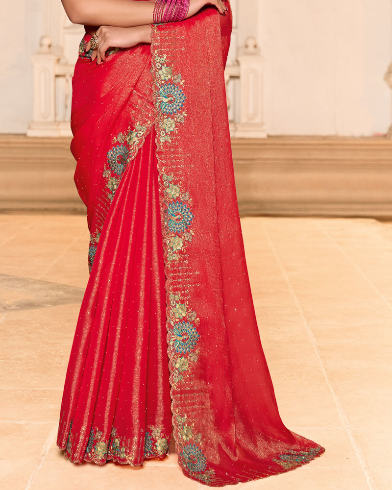 Cadmium Red Designer Fancy Chiffon Saree With Zari-Embroidery-Diamond Work And Cut Work Border