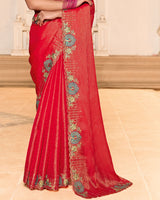 Cadmium Red Designer Fancy Chiffon Saree With Zari-Embroidery-Diamond Work And Cut Work Border