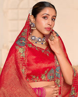 Cadmium Red Designer Fancy Chiffon Saree With Zari-Embroidery-Diamond Work And Cut Work Border