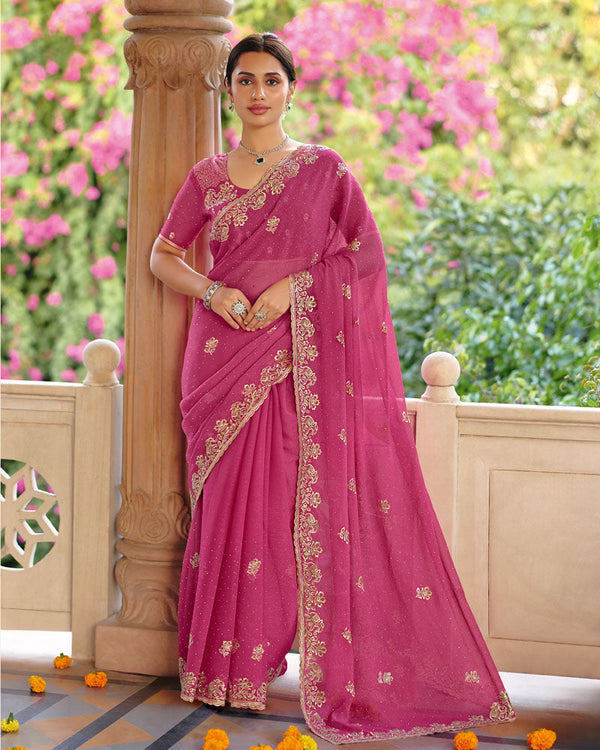 Vishal Prints Fuchsia Pink Designer Fancy Chiffon Saree With Diamond Work And Cut Work Embroidery Border