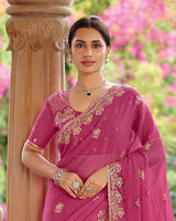 Vishal Prints Fuchsia Pink Designer Fancy Chiffon Saree With Diamond Work And Cut Work Embroidery Border