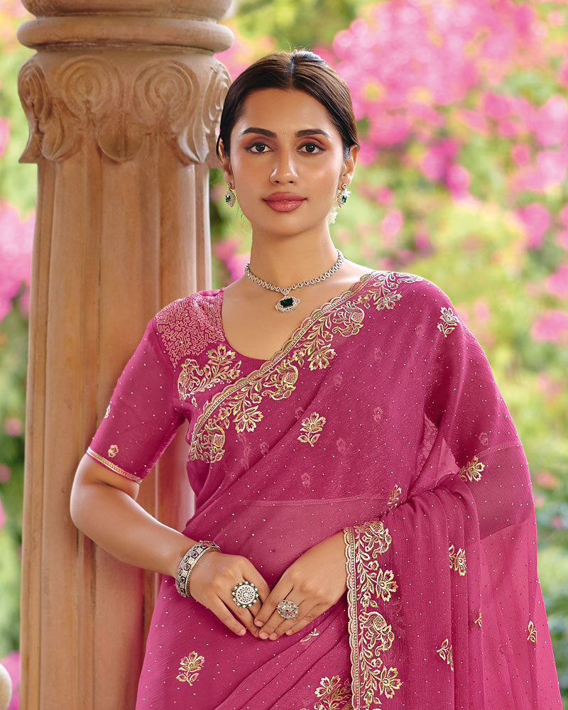 Vishal Prints Fuchsia Pink Designer Fancy Chiffon Saree With Diamond Work And Cut Work Embroidery Border