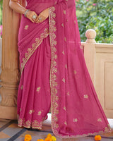 Vishal Prints Fuchsia Pink Designer Fancy Chiffon Saree With Diamond Work And Cut Work Embroidery Border