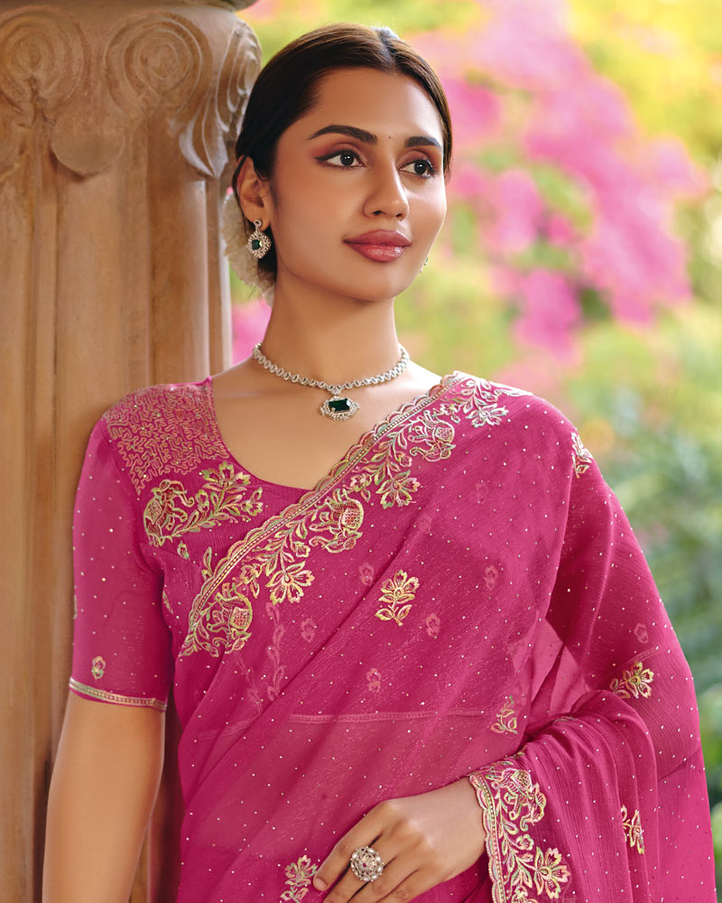 Vishal Prints Fuchsia Pink Designer Fancy Chiffon Saree With Diamond Work And Cut Work Embroidery Border