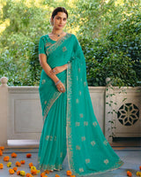 Vishal Prints Teal Green Designer Fancy Chiffon Saree With Diamond Work And Cut Work Embroidery Border