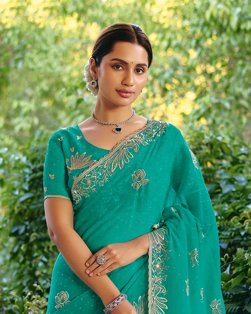 Vishal Prints Teal Green Designer Fancy Chiffon Saree With Diamond Work And Cut Work Embroidery Border