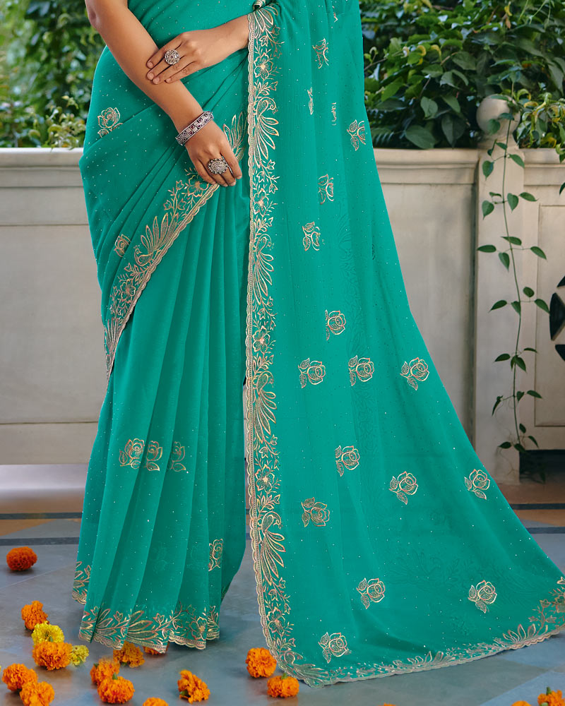 Vishal Prints Teal Green Designer Fancy Chiffon Saree With Diamond Work And Cut Work Embroidery Border