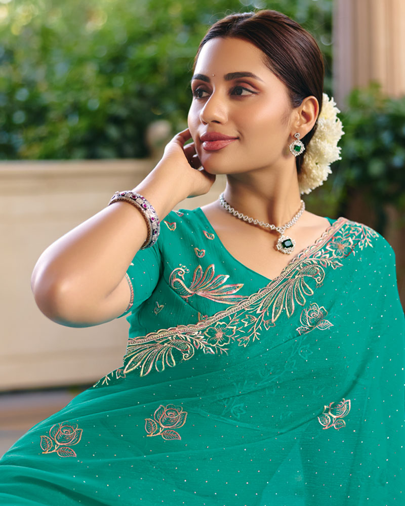 Vishal Prints Teal Green Designer Fancy Chiffon Saree With Diamond Work And Cut Work Embroidery Border