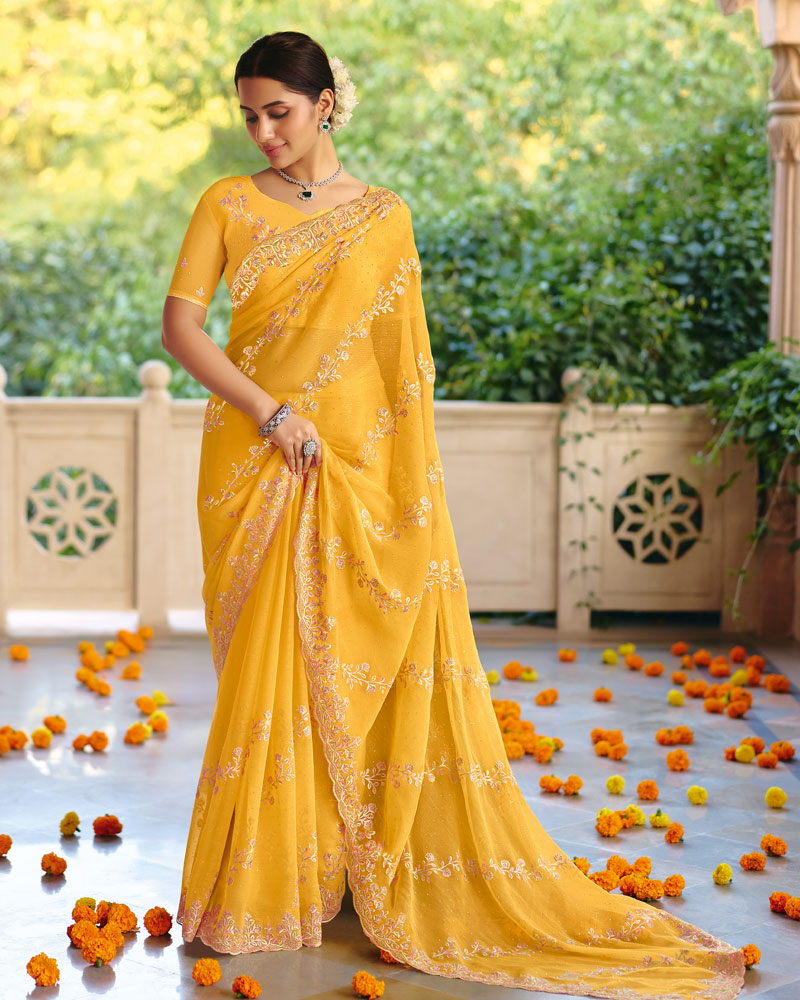 Vishal Prints Bright Yellow Designer Fancy Chiffon Saree With Diamond Work And Cut Work Embroidery Border