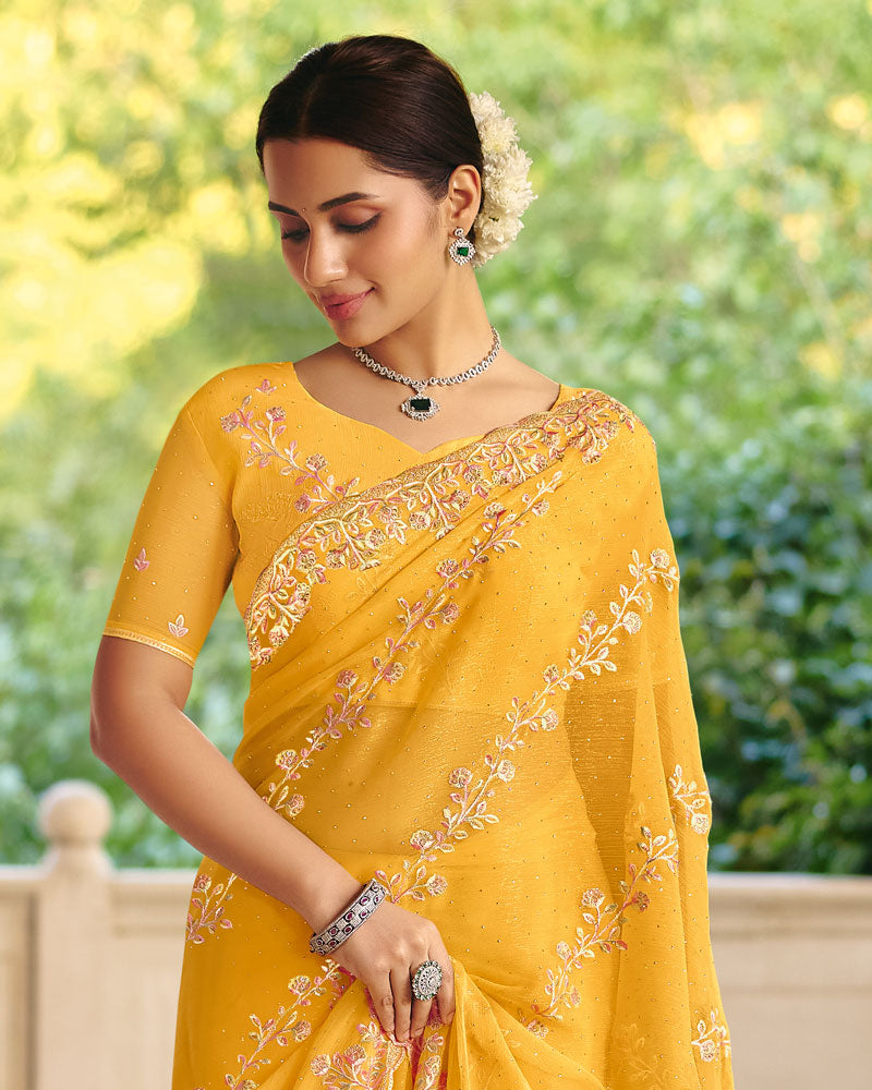 Vishal Prints Bright Yellow Designer Fancy Chiffon Saree With Diamond Work And Cut Work Embroidery Border