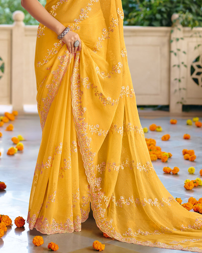 Vishal Prints Bright Yellow Designer Fancy Chiffon Saree With Diamond Work And Cut Work Embroidery Border