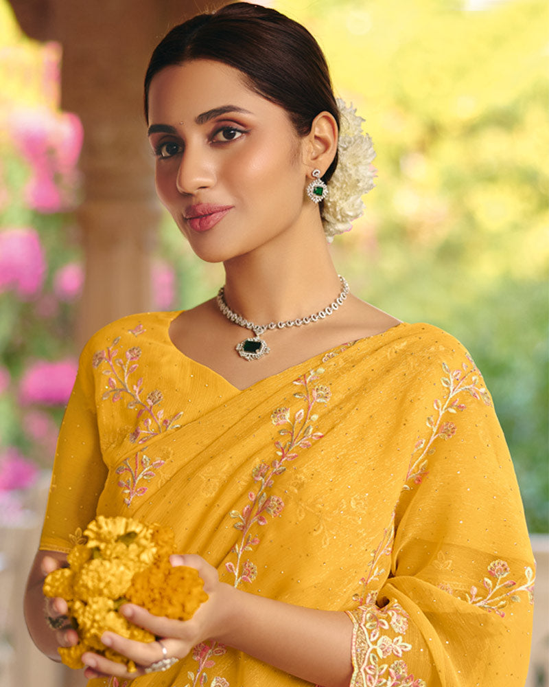 Vishal Prints Bright Yellow Designer Fancy Chiffon Saree With Diamond Work And Cut Work Embroidery Border