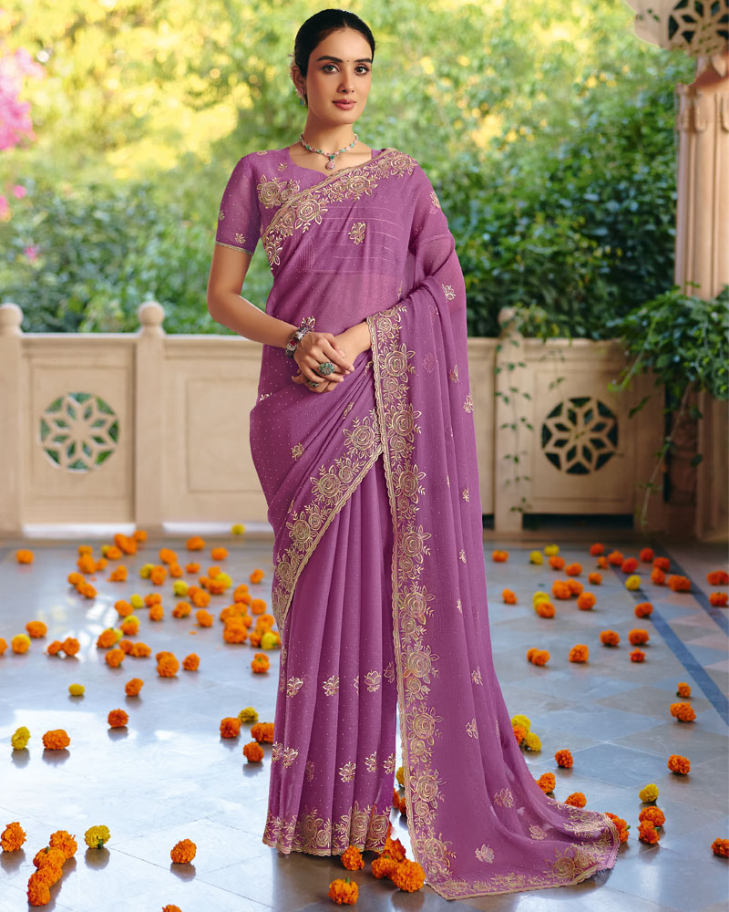 Vishal Prints Mauve Designer Fancy Chiffon Saree With Diamond Work And Cut Work Embroidery Border