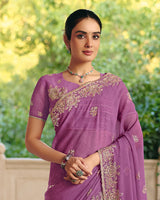 Vishal Prints Mauve Designer Fancy Chiffon Saree With Diamond Work And Cut Work Embroidery Border