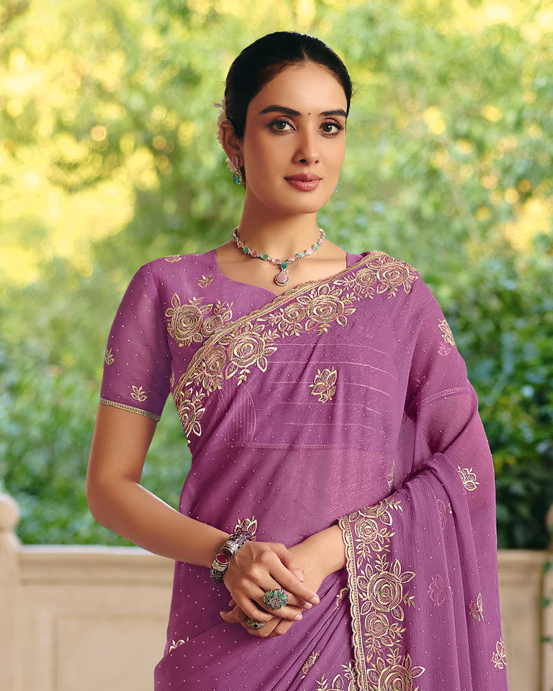 Vishal Prints Mauve Designer Fancy Chiffon Saree With Diamond Work And Cut Work Embroidery Border