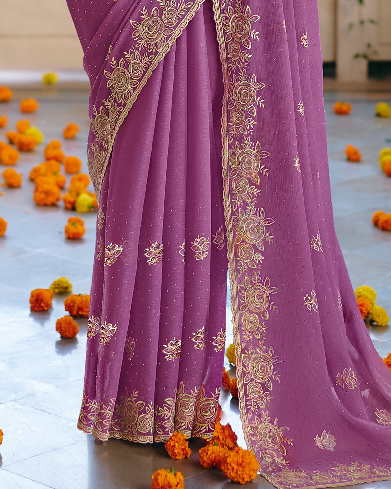 Vishal Prints Mauve Designer Fancy Chiffon Saree With Diamond Work And Cut Work Embroidery Border