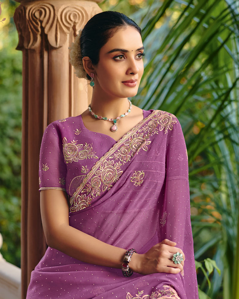 Vishal Prints Mauve Designer Fancy Chiffon Saree With Diamond Work And Cut Work Embroidery Border