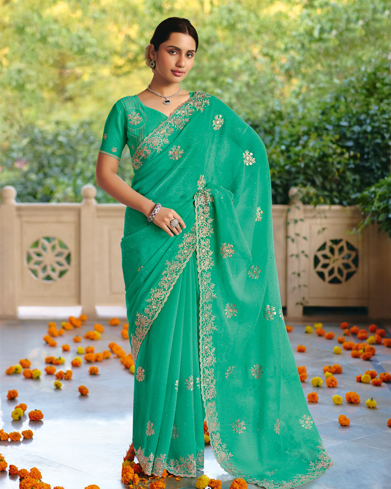 Vishal Prints Sea Green Designer Fancy Chiffon Saree With Diamond Work And Cut Work Embroidery Border
