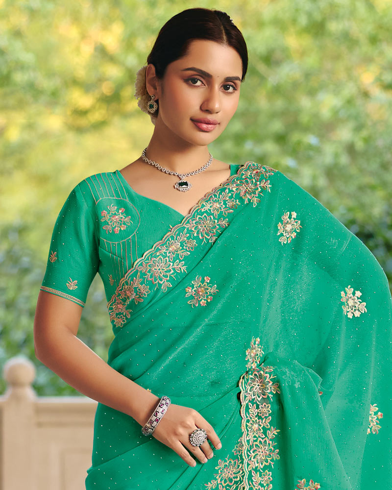 Vishal Prints Sea Green Designer Fancy Chiffon Saree With Diamond Work And Cut Work Embroidery Border