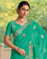 Vishal Prints Sea Green Designer Fancy Chiffon Saree With Diamond Work And Cut Work Embroidery Border